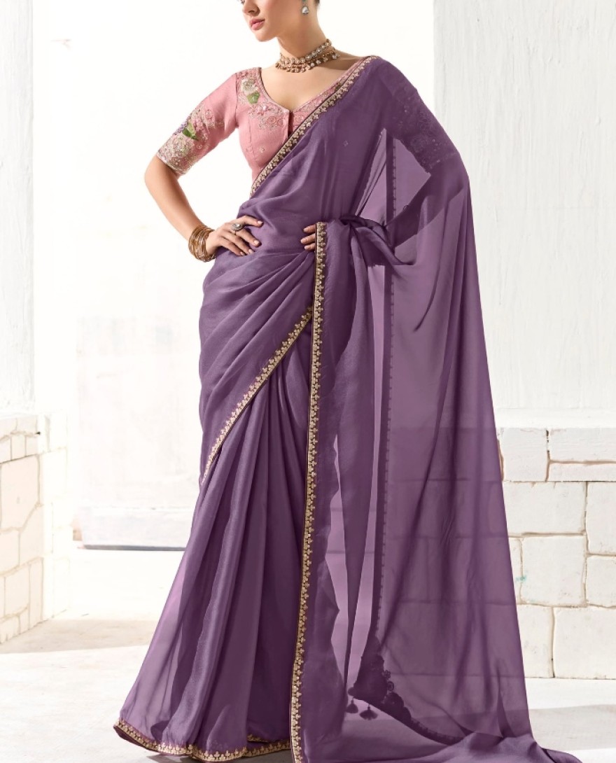 2225 - WONDERFUL PURPLE BORDER WORK TISSUE SILK EVENT WEAR SAREE